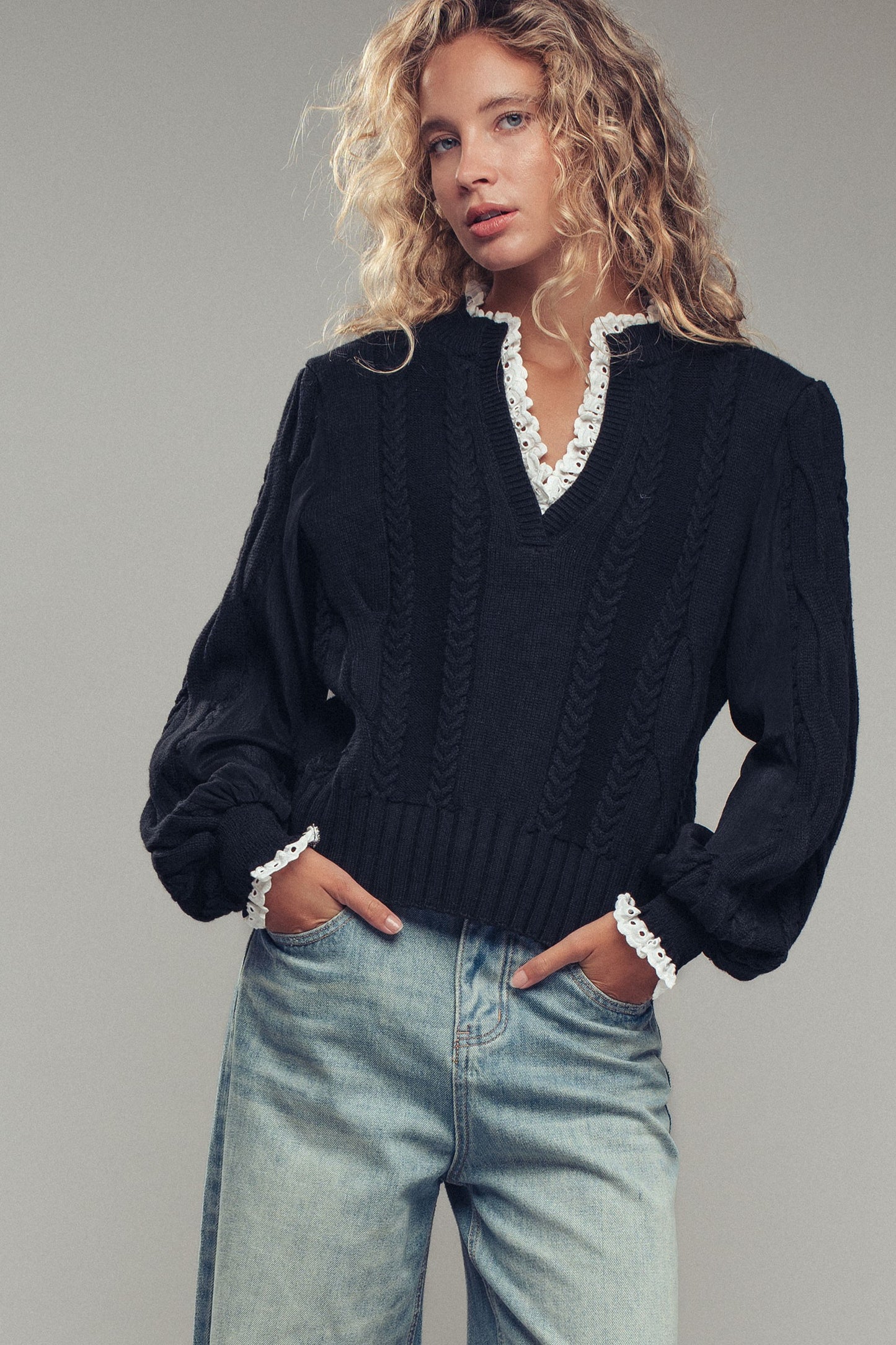 Cable Knit Lace Trim Black Sweater