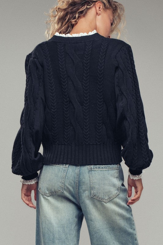 Cable Knit Lace Trim Black Sweater