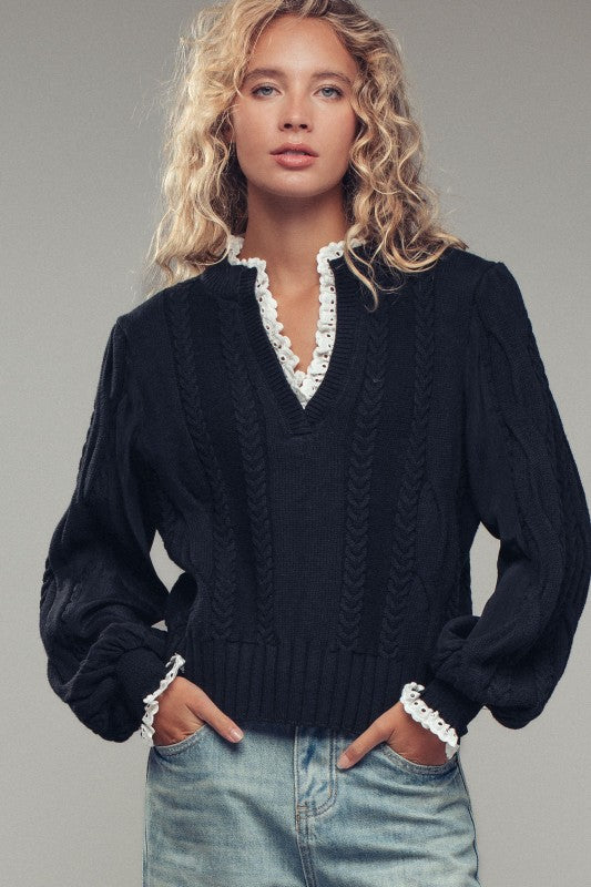 Cable Knit Lace Trim Black Sweater