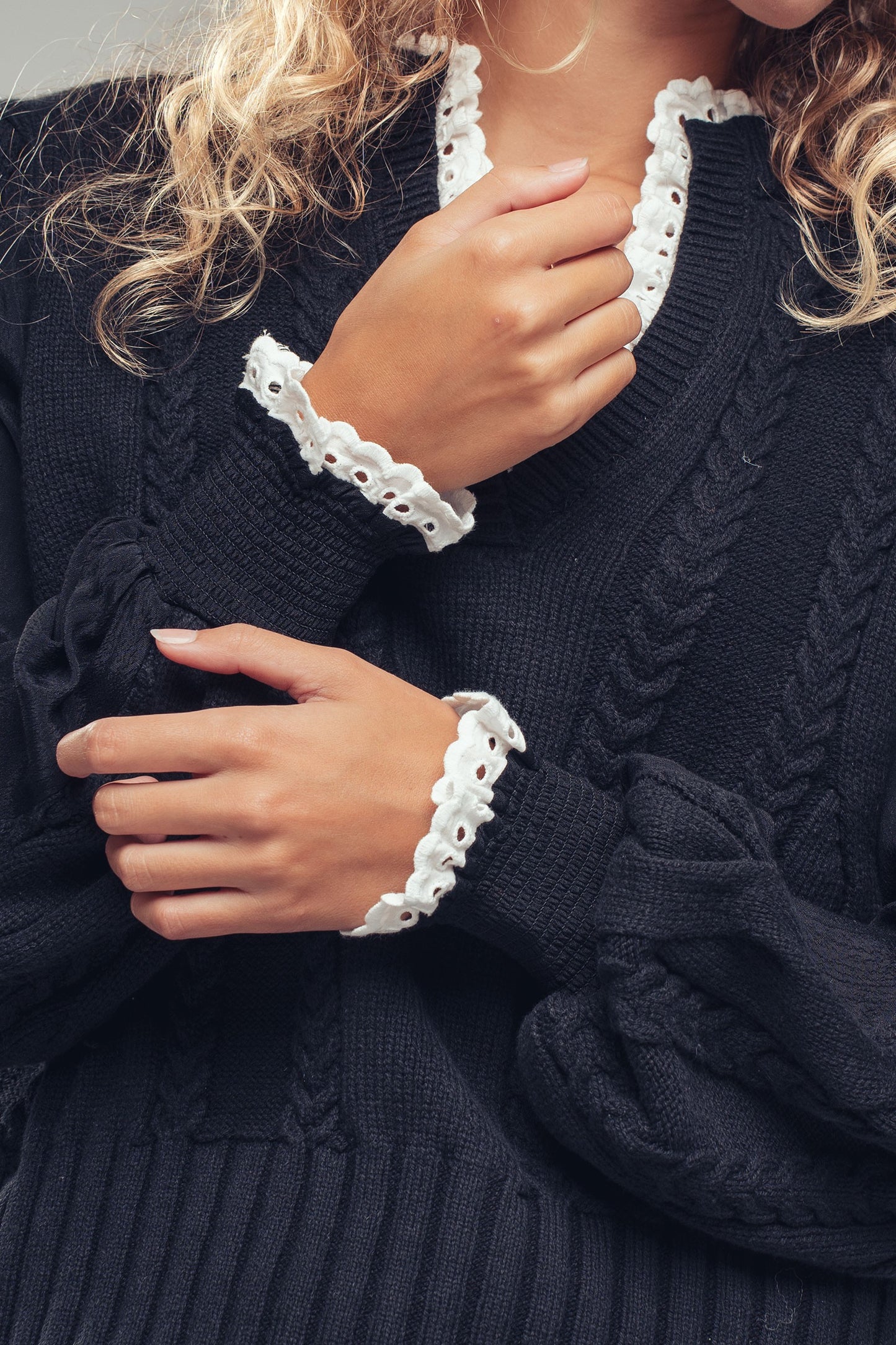 Cable Knit Lace Trim Black Sweater