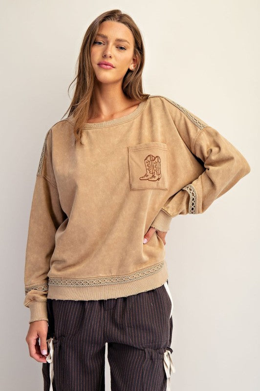 Mocha Mineral Washed Western Sweatshirt
