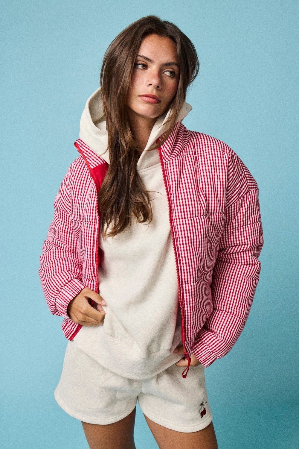Gingham Zip Up Puffer Jacket- Red & White