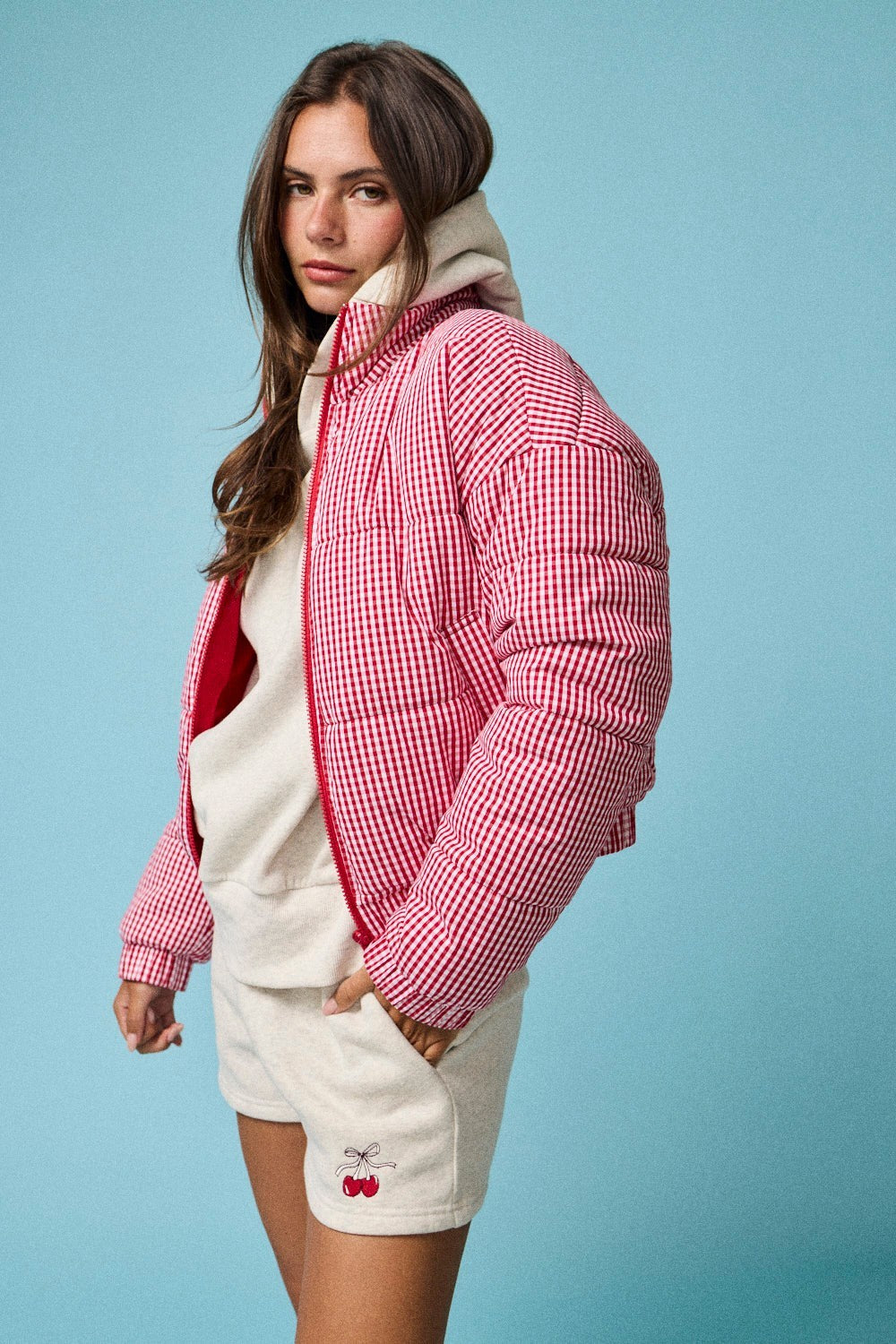 Gingham Zip Up Puffer Jacket- Red & White