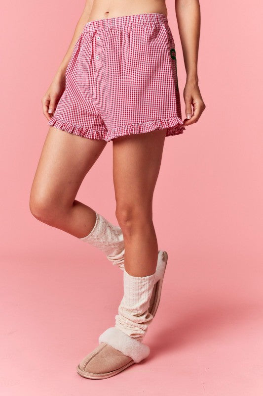 Cheers Embossed Red Gingham Ruffled Shorts