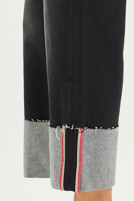 Risen Black TC Mid Rise Crop Wide Cuff Red Stitch Jean