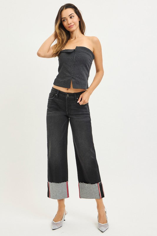Risen Black TC Mid Rise Crop Wide Cuff Red Stitch Jean