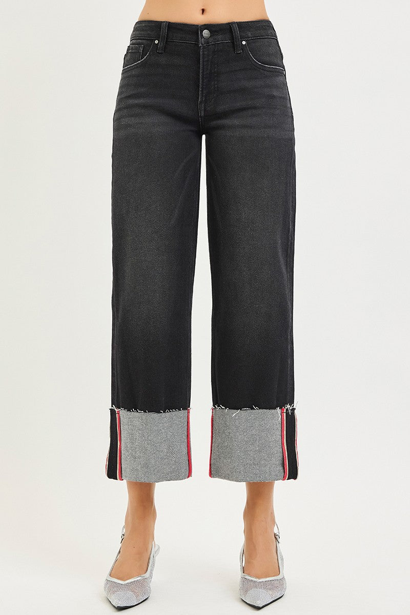 Risen Black TC Mid Rise Crop Wide Cuff Red Stitch Jean