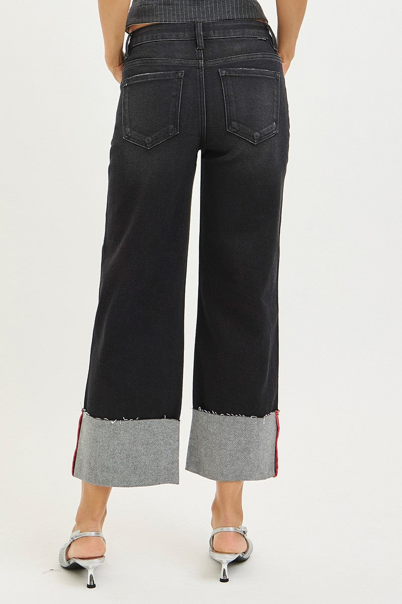 Risen Black TC Mid Rise Crop Wide Cuff Red Stitch Jean