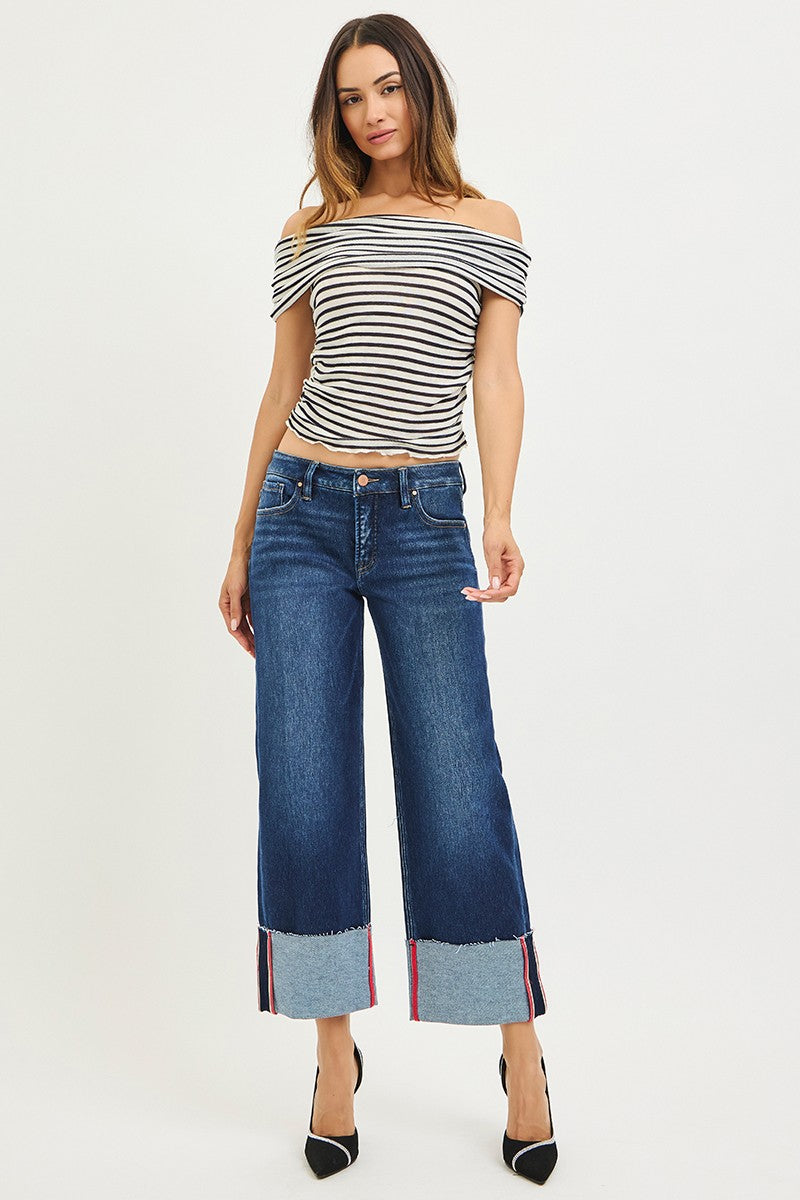 Risen TC Mid Rise Crop Wide Cuff Red Stitch Jeans- Deep Blue