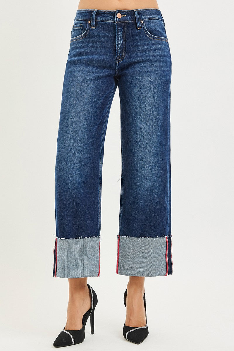 Risen TC Mid Rise Crop Wide Cuff Red Stitch Jeans- Deep Blue