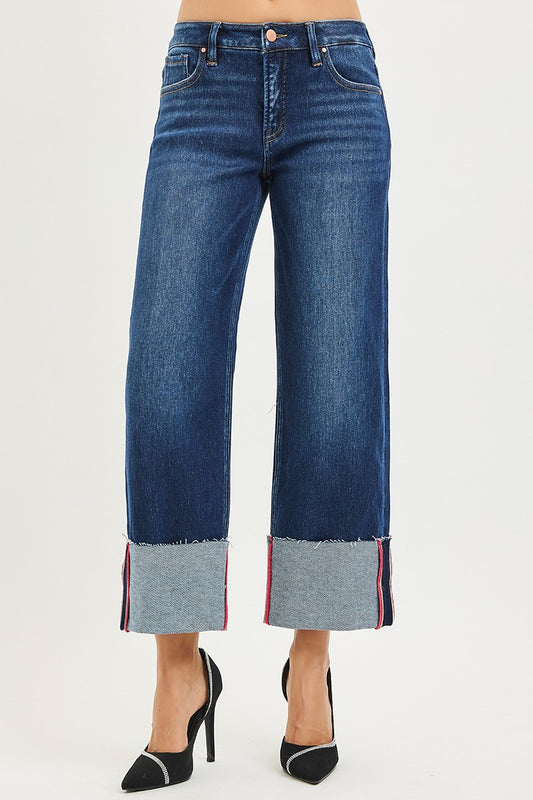 Risen TC Mid Rise Crop Wide Cuff Red Stitch Jeans- Deep Blue