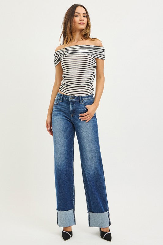 Risen Mid Rise Wide Straight Jeans with Wide Cuff