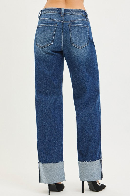 Risen Mid Rise Wide Straight Jeans with Wide Cuff