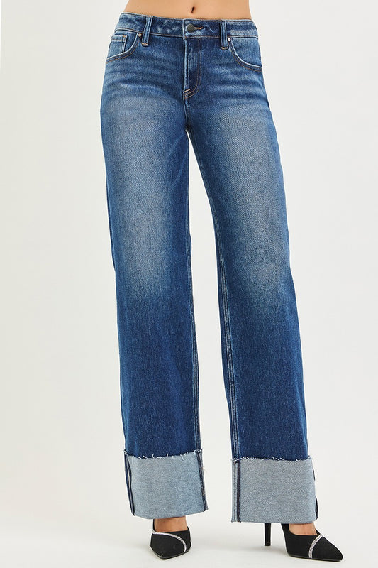 Risen Mid Rise Wide Straight Jeans with Wide Cuff