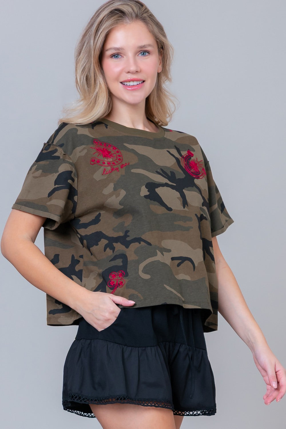 Camo Print Embroidered Top