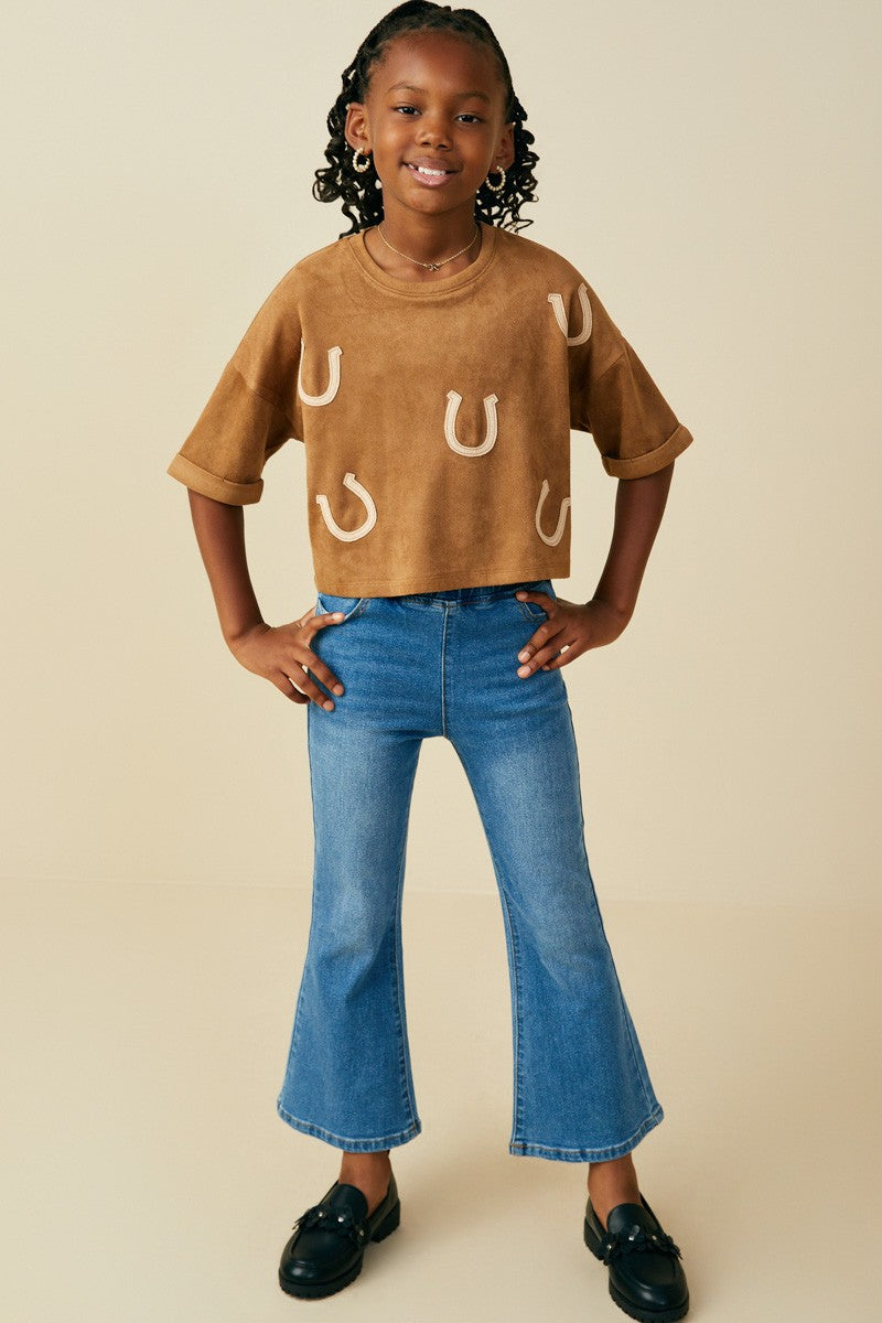 Girls Horseshoe Patched  Suede T Shirt