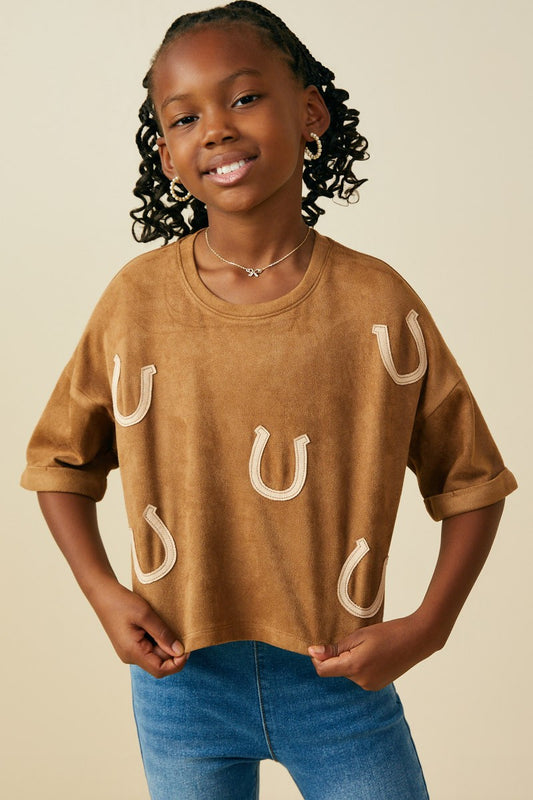Girls Horseshoe Patched  Suede T Shirt
