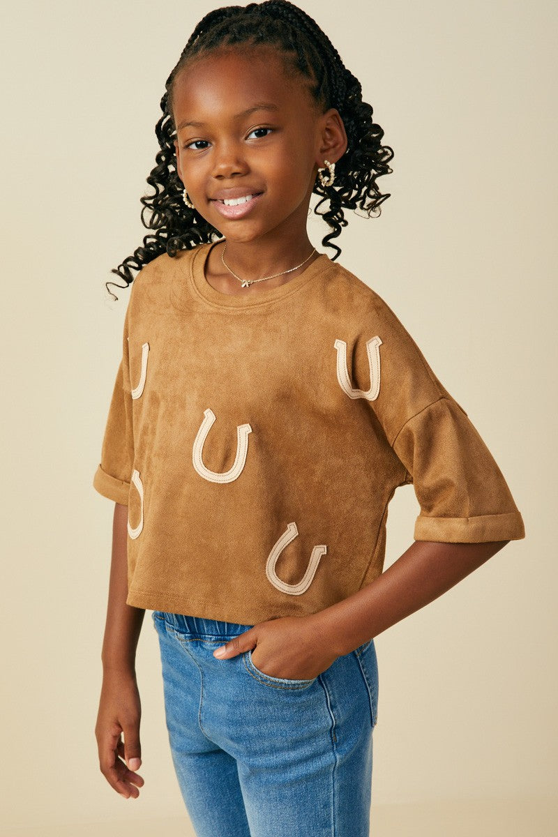 Girls Horseshoe Patched  Suede T Shirt