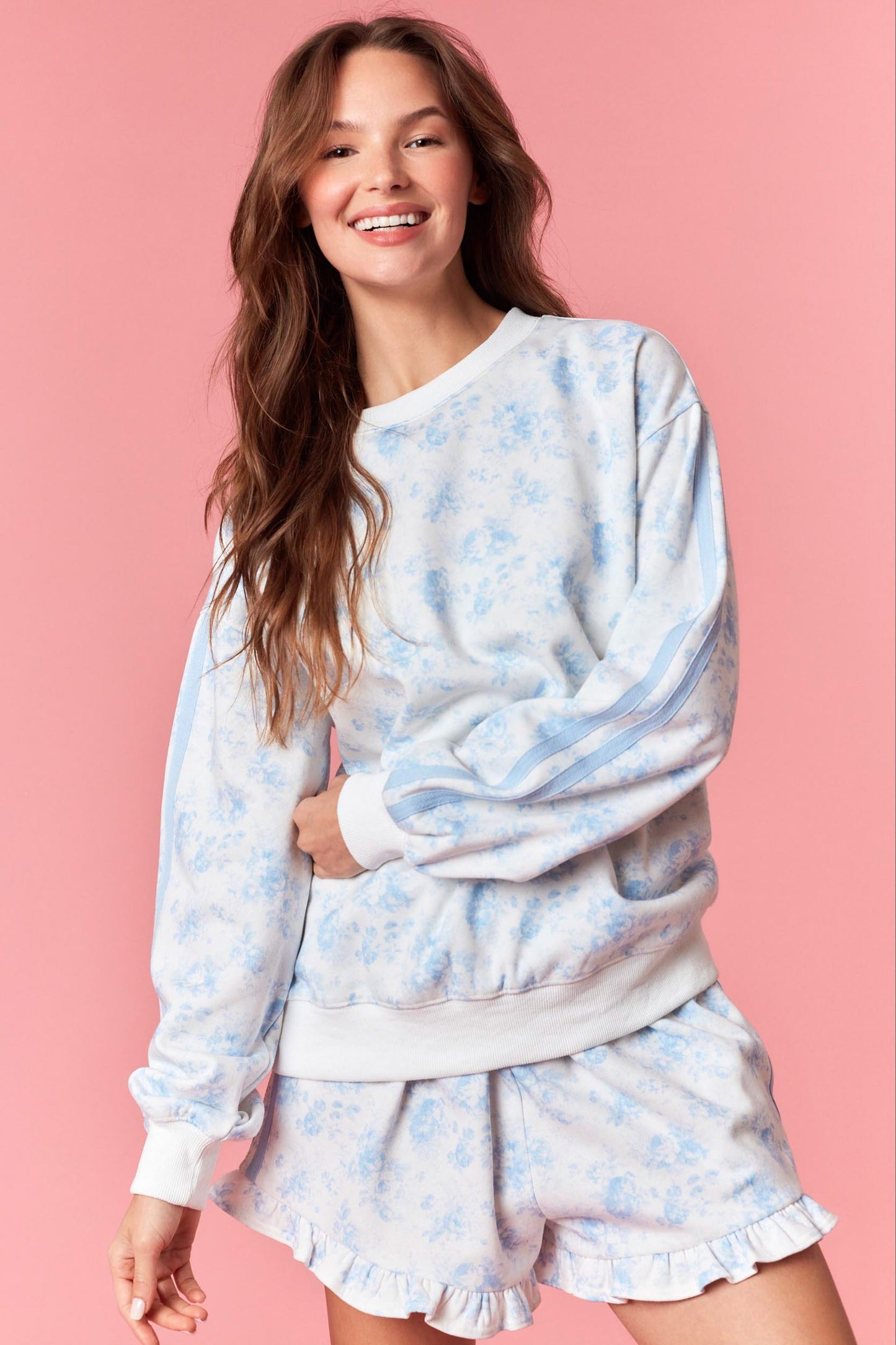 Light Blue Floral Double Line French Terry Sweatshirt