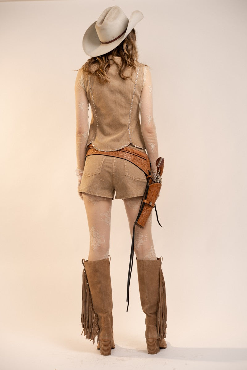 Taupe Rhinestone Embellished  Vest & Short Set