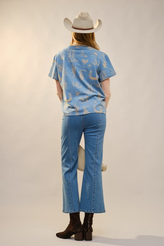 Blue Round Neck Western Graphic Tee