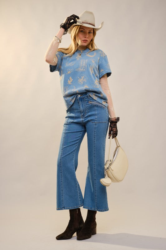 Blue Round Neck Western Graphic Tee