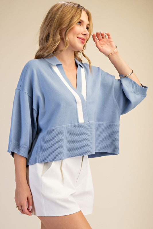 Blue Collar Contrast Drop Shoulder Sweater