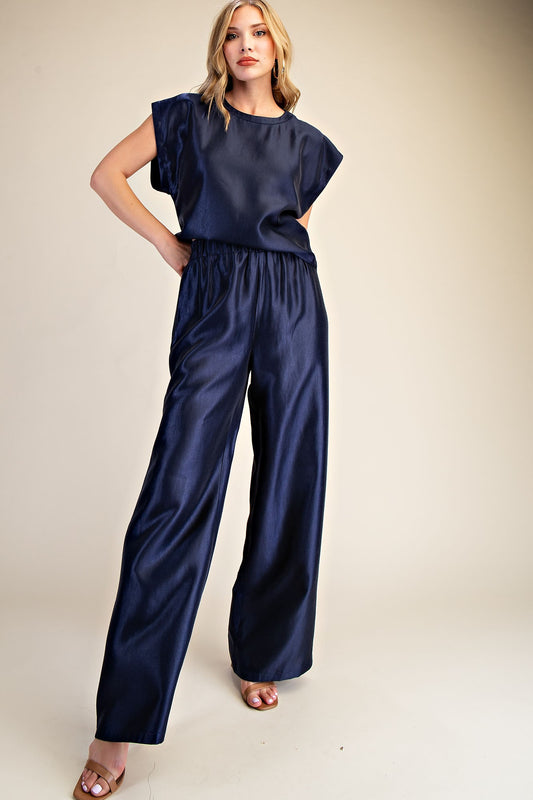 Silky Navy Neck Band Top & Pants Set