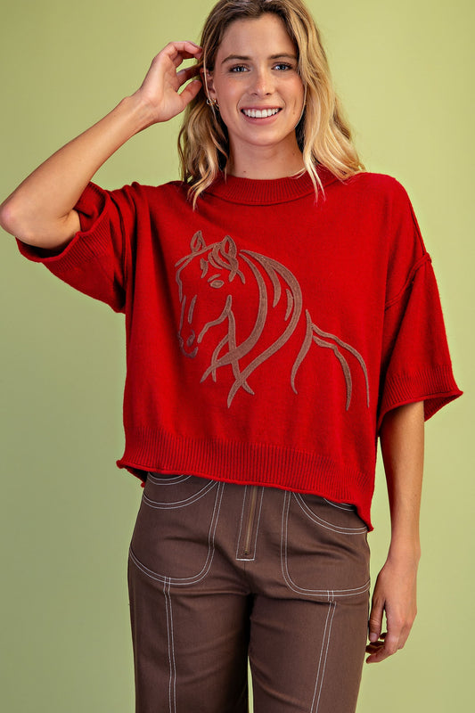 Horse Motif Red Sweater