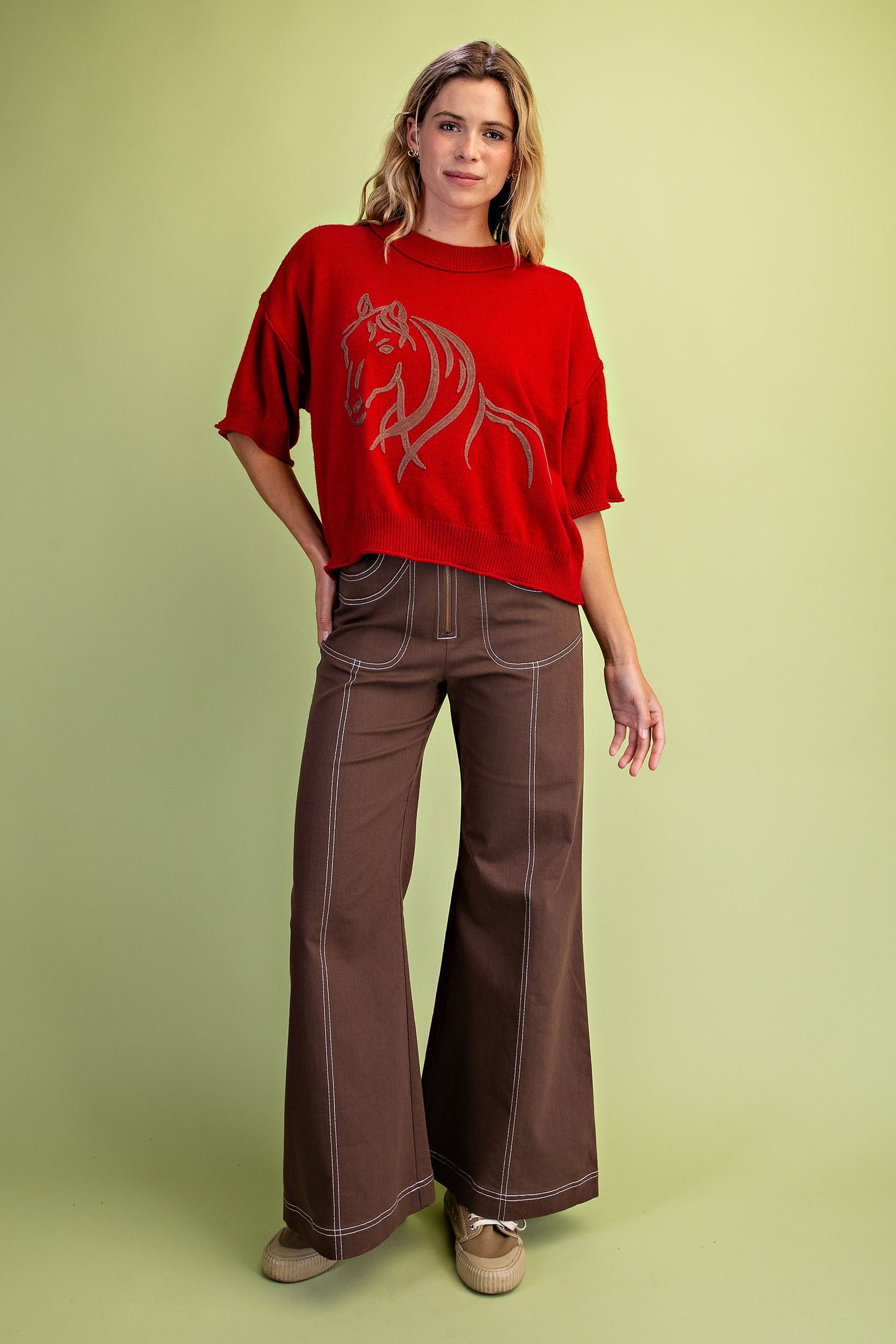 Horse Motif Red Sweater