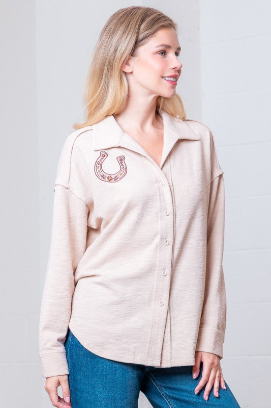 Western Motive Embroidered Oversized Shirt