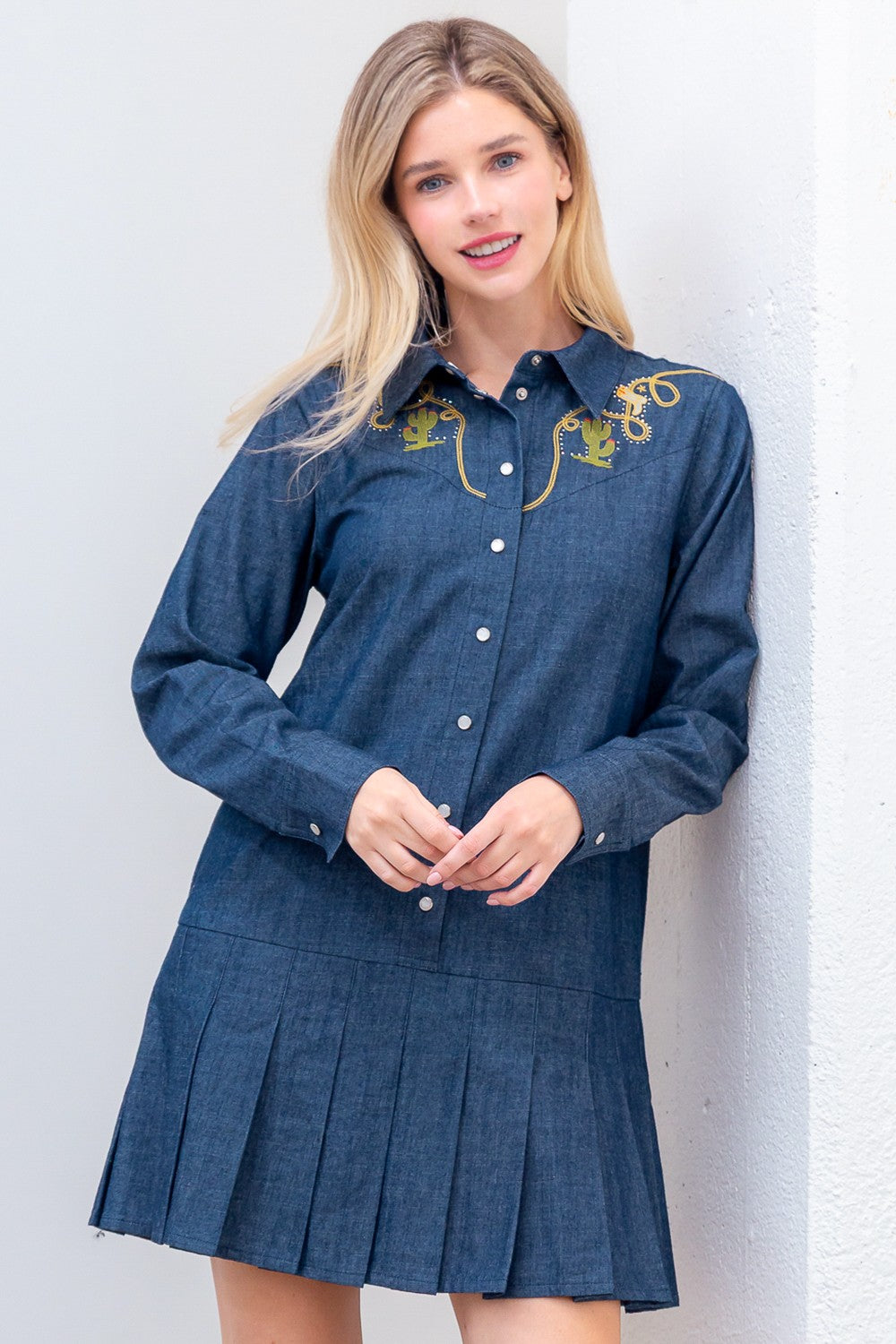 Western Embroidered Denim Shirt Dress