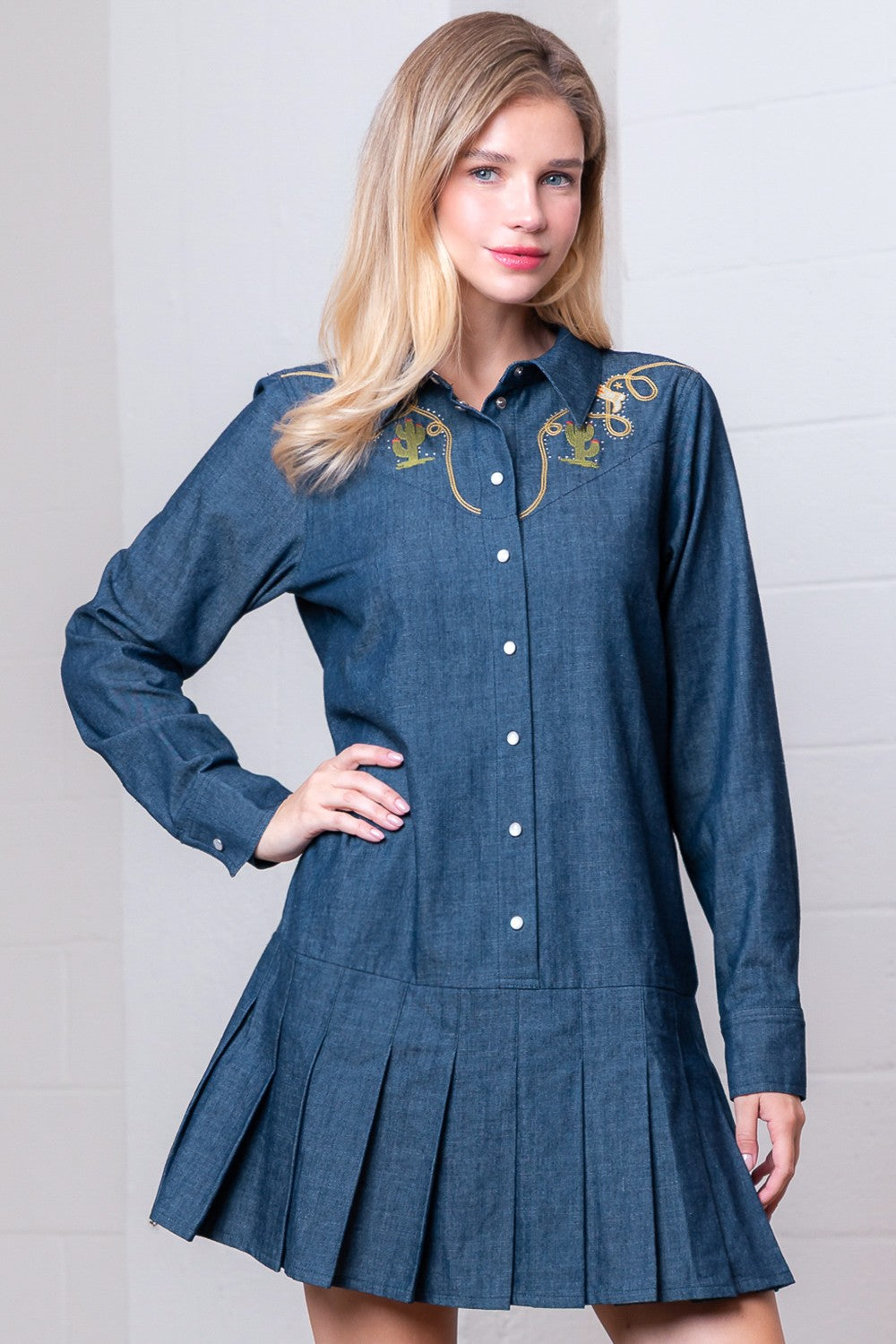 Western Embroidered Denim Shirt Dress