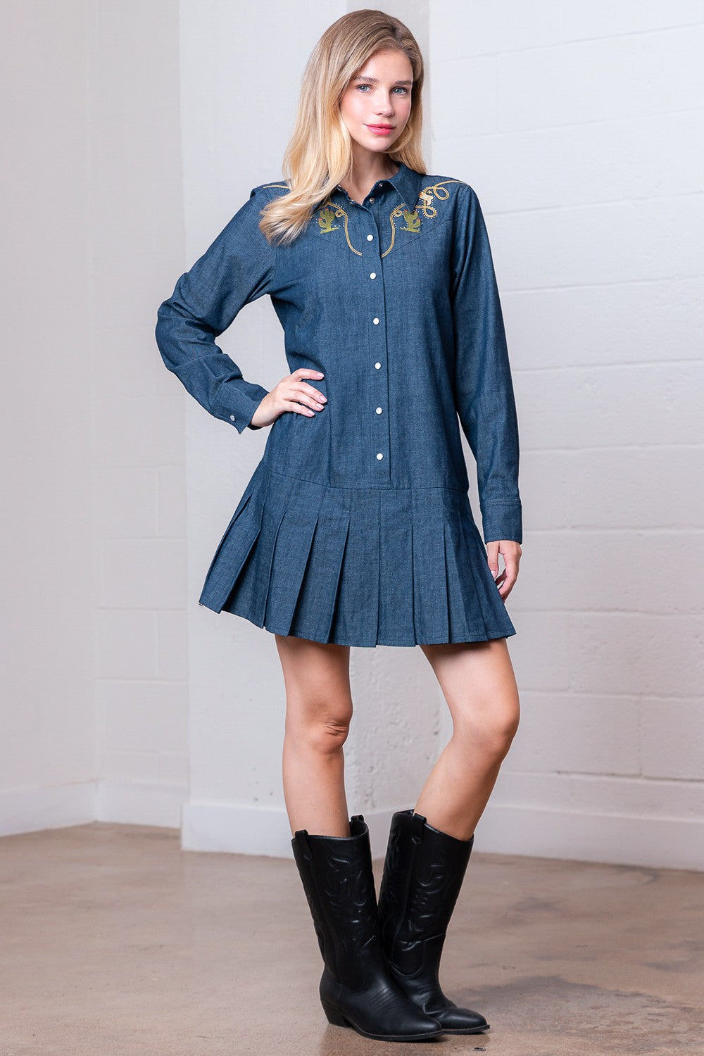 Western Embroidered Denim Shirt Dress