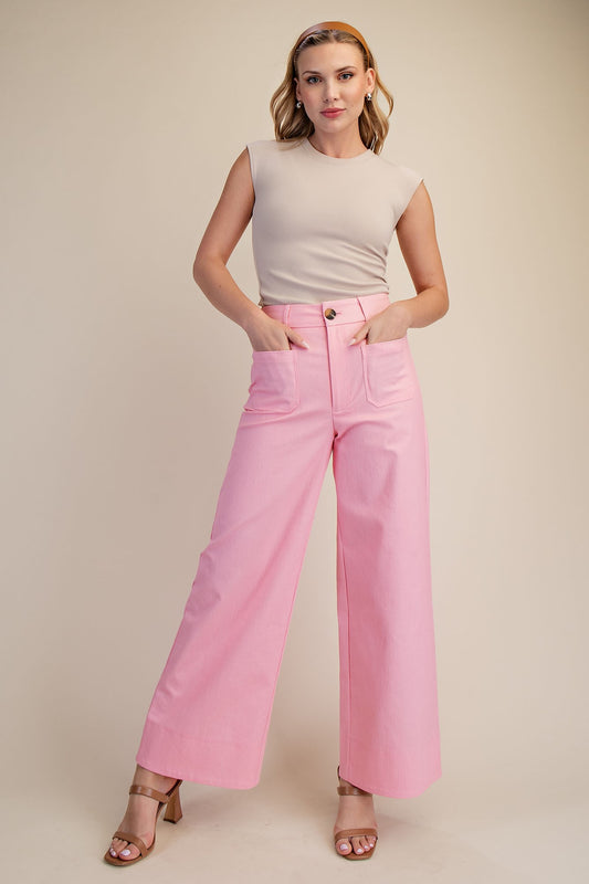 High Rise Front Pocket Wide Jeans- Pink