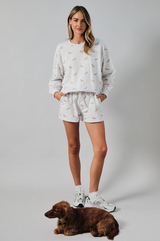 Dog Print Sweatshirt & Shorts Set- Grey