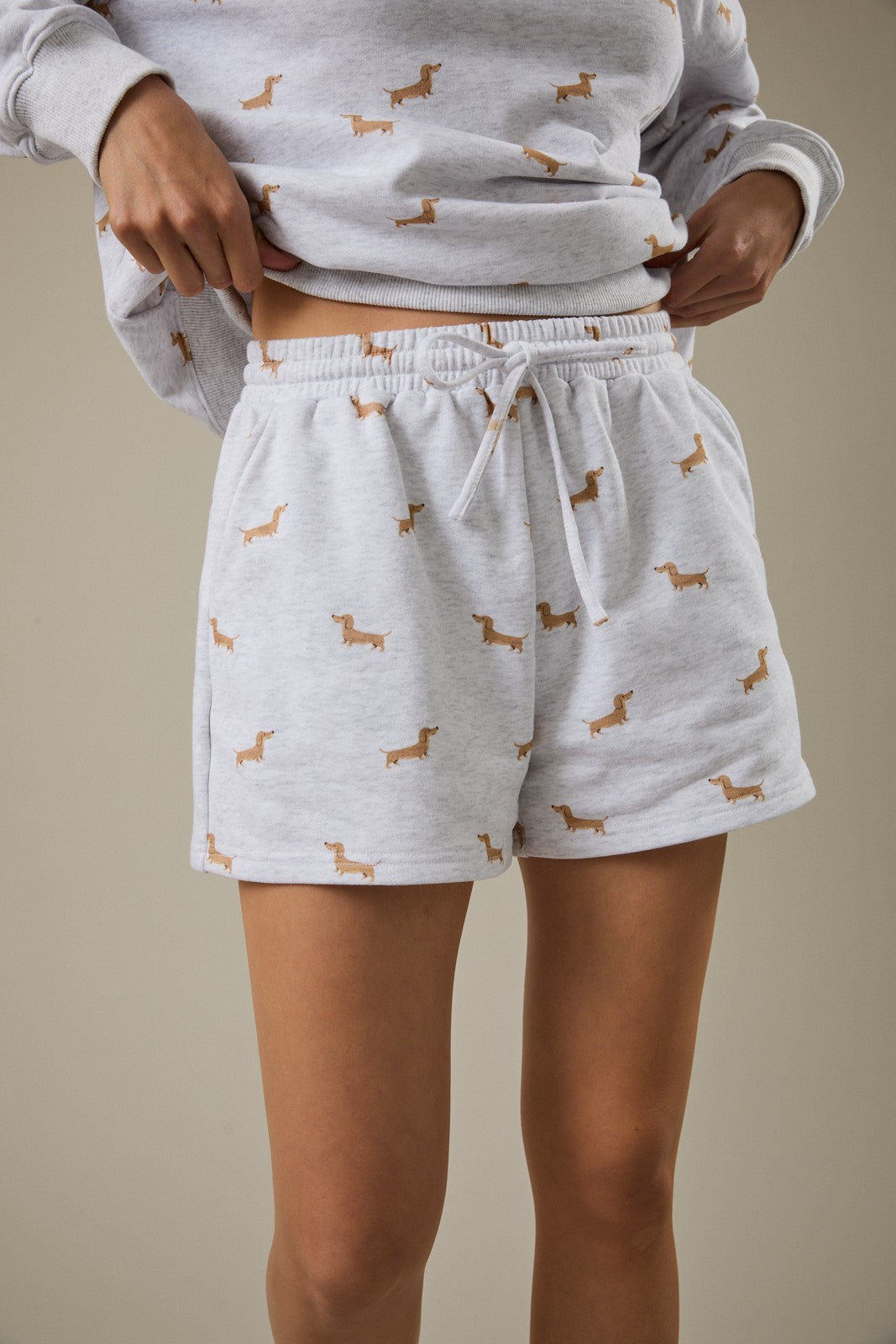 Dog Print Sweatshirt & Shorts Set- Grey