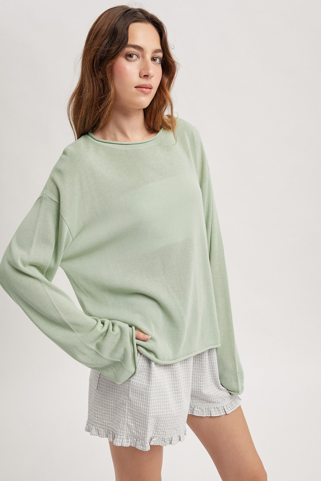 Lightweight Rolled Hem Sweater- Sage