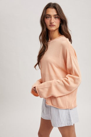 Lightweight Rolled Hem Sweater- Melon