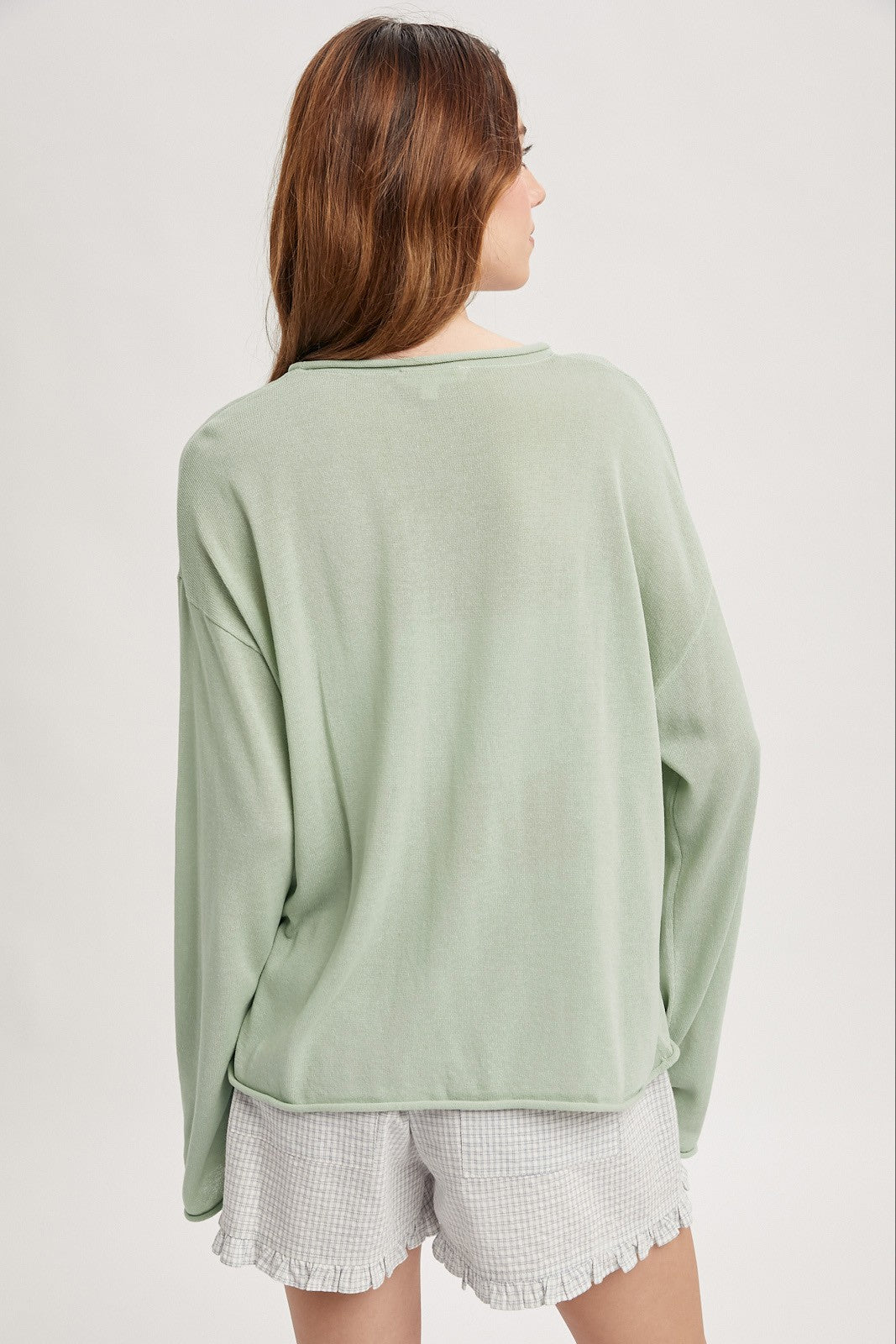 Lightweight Rolled Hem Sweater- Sage