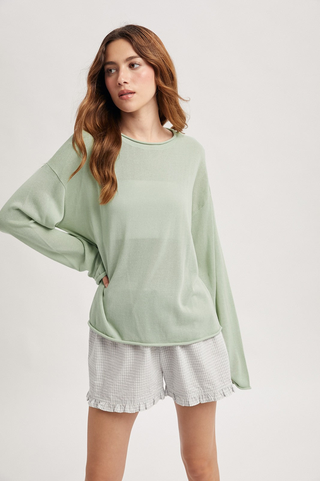 Lightweight Rolled Hem Sweater- Sage