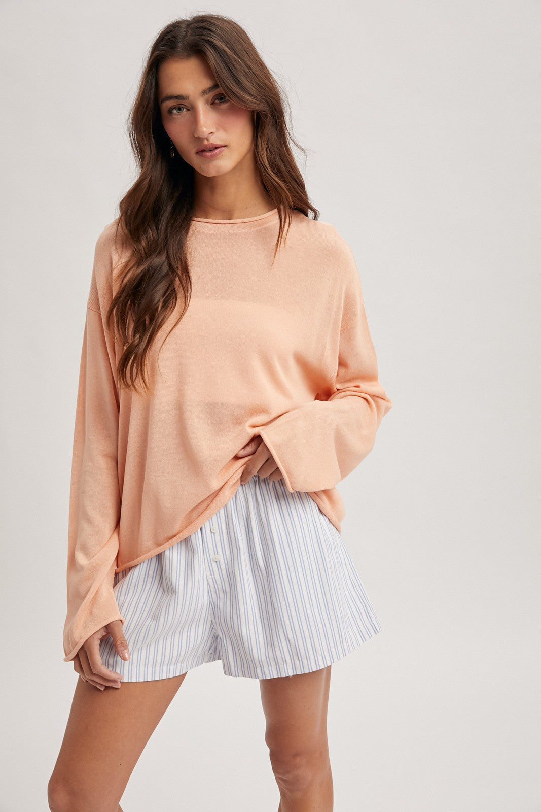Lightweight Rolled Hem Sweater- Melon