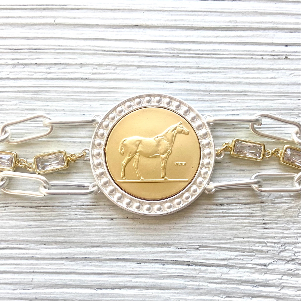 Derby Horse Coin Bracelet Matte Gold Coin & Silver Chain