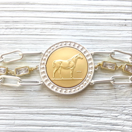 Derby Horse Coin Bracelet Matte Gold Coin & Silver Chain