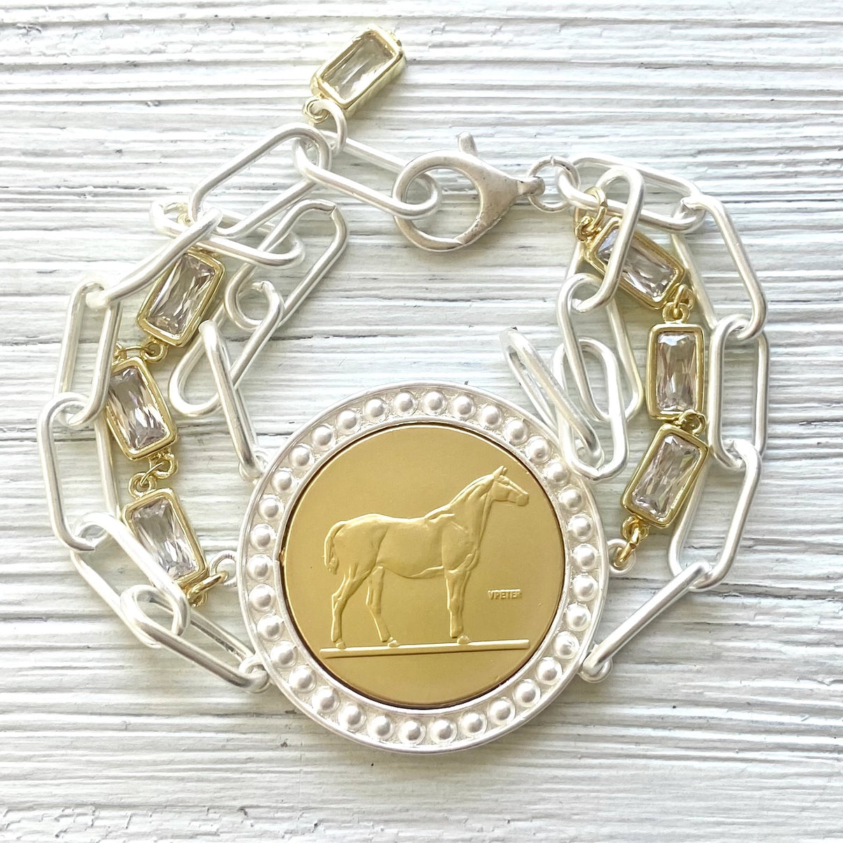 Derby Horse Coin Bracelet Matte Gold Coin & Silver Chain