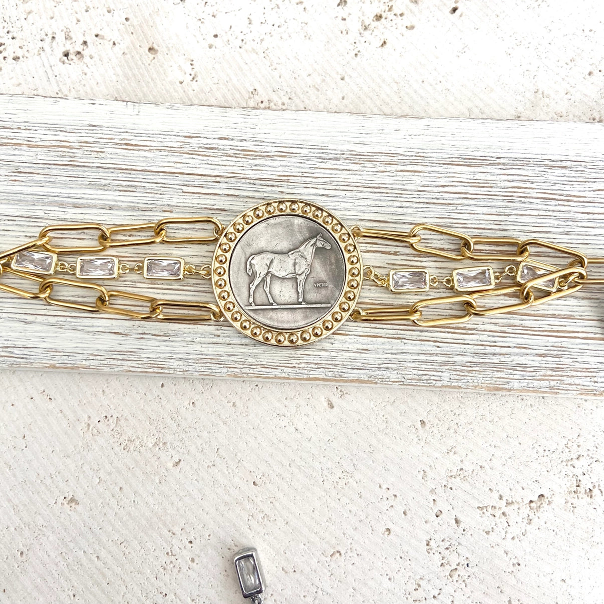 Derby Horse Coin Bracelet Silver Coin & Matte Gold Chain