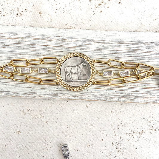 Derby Horse Coin Bracelet Silver Coin & Matte Gold Chain