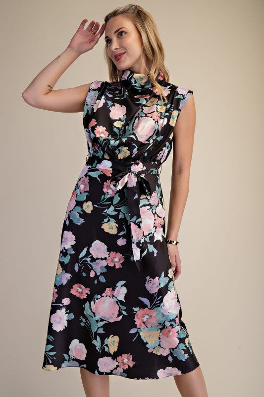 Floral Cowl Neck Tie Waist Midi Dress