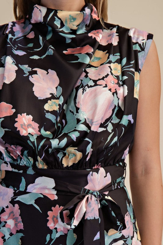 Floral Cowl Neck Tie Waist Midi Dress