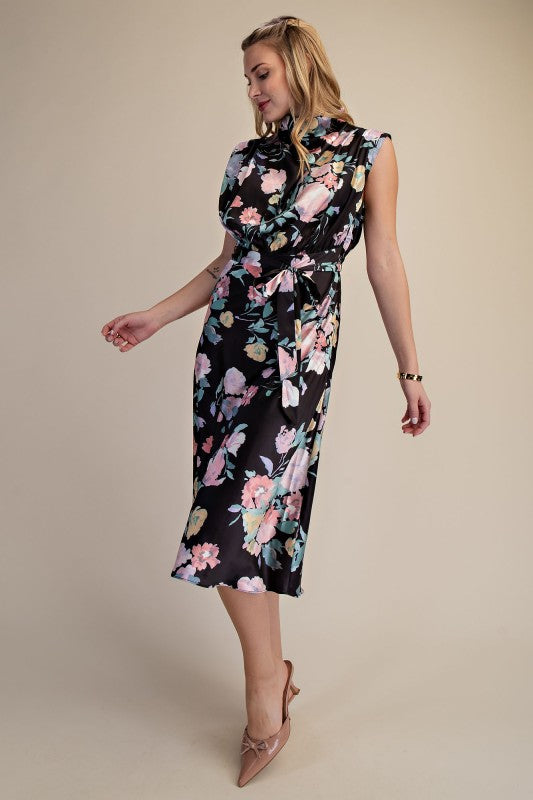 Floral Cowl Neck Tie Waist Midi Dress